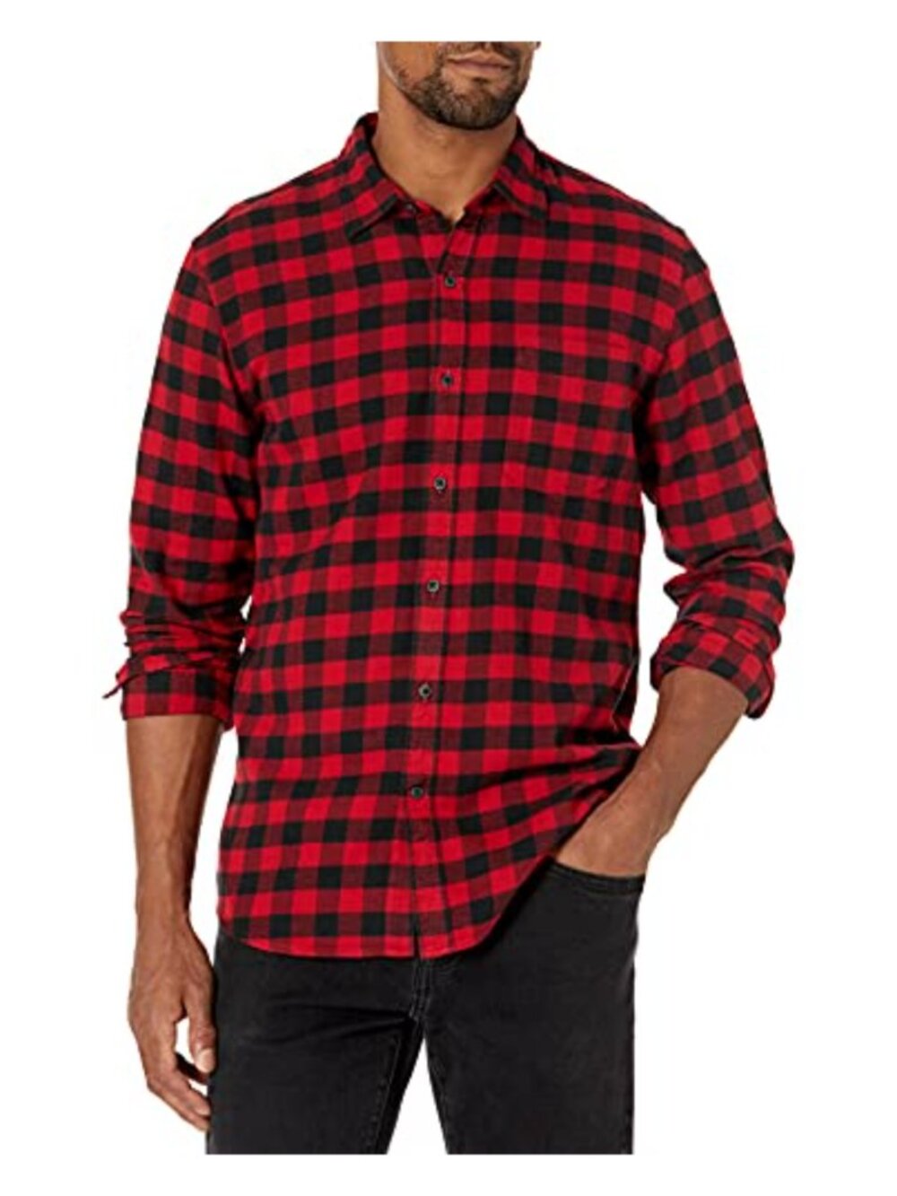 Slim-Fit Long-Sleeve Plaid Flannel Shirt 100% Cotton Button-Down